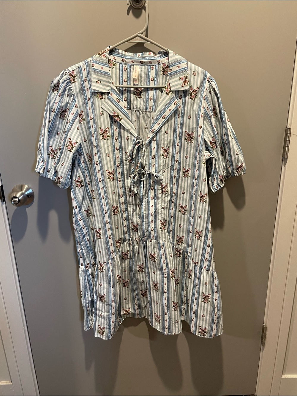 Anthropologie Light Blue Striped Floral And Bird Tie-Front Mini Dress NWOT - Picture 2 of 11